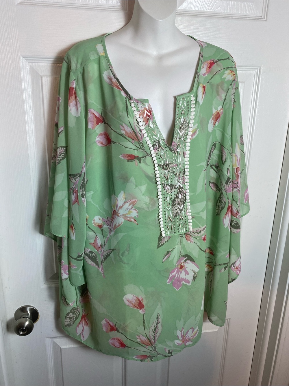 Belle by Kim Gravel Mint Green Floral Tunic with Pink & White Accents